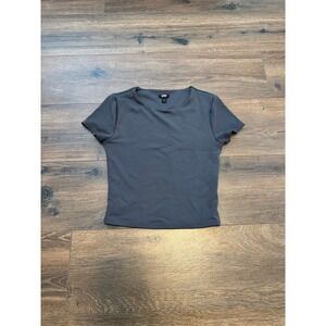 Express Body Contour Short Sleeve Tee Charcoal Gray Boat Neck Cropped Top XS